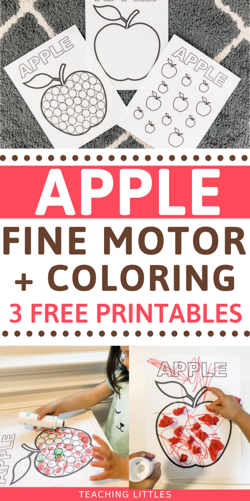 A fall apple activity with FREE PRINTABLES for your toddler to develop fine motor skills using stickers, crayons, or dot markers. Help them to learn colors & counting as well during this activity.