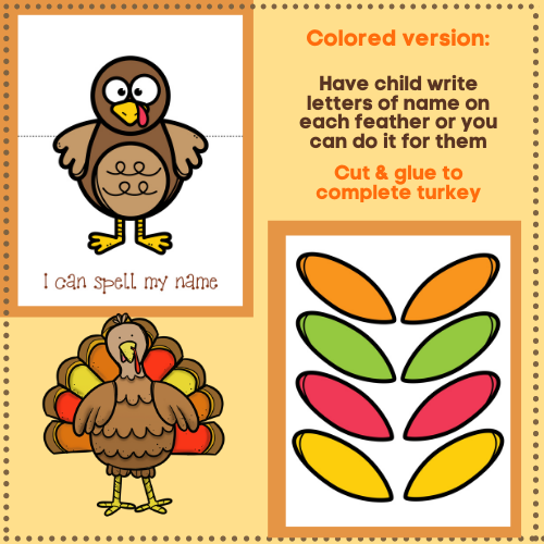 Help your toddler or preschooler learn & recognize letters of their name with this Thanksgiving turkey name learning free printable activity