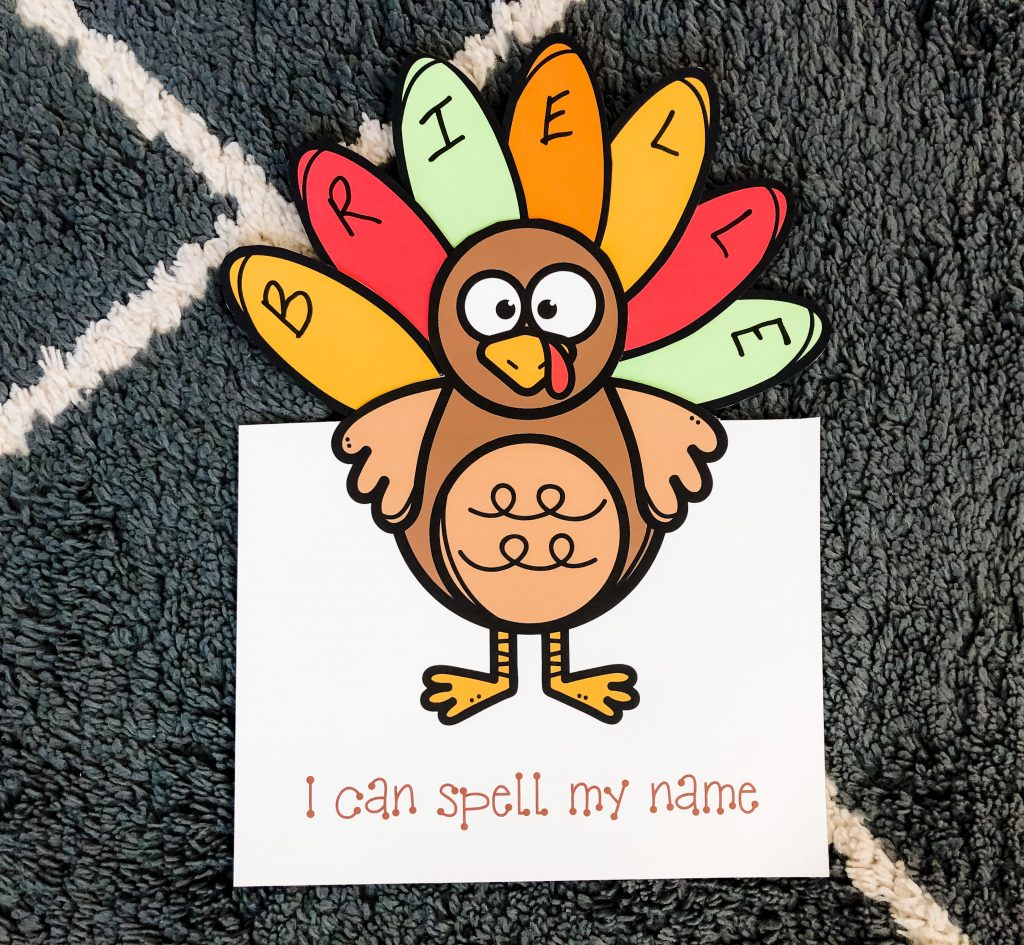 Help your toddler or preschooler learn & recognize letters of their name with this Thanksgiving turkey name learning free printable activity