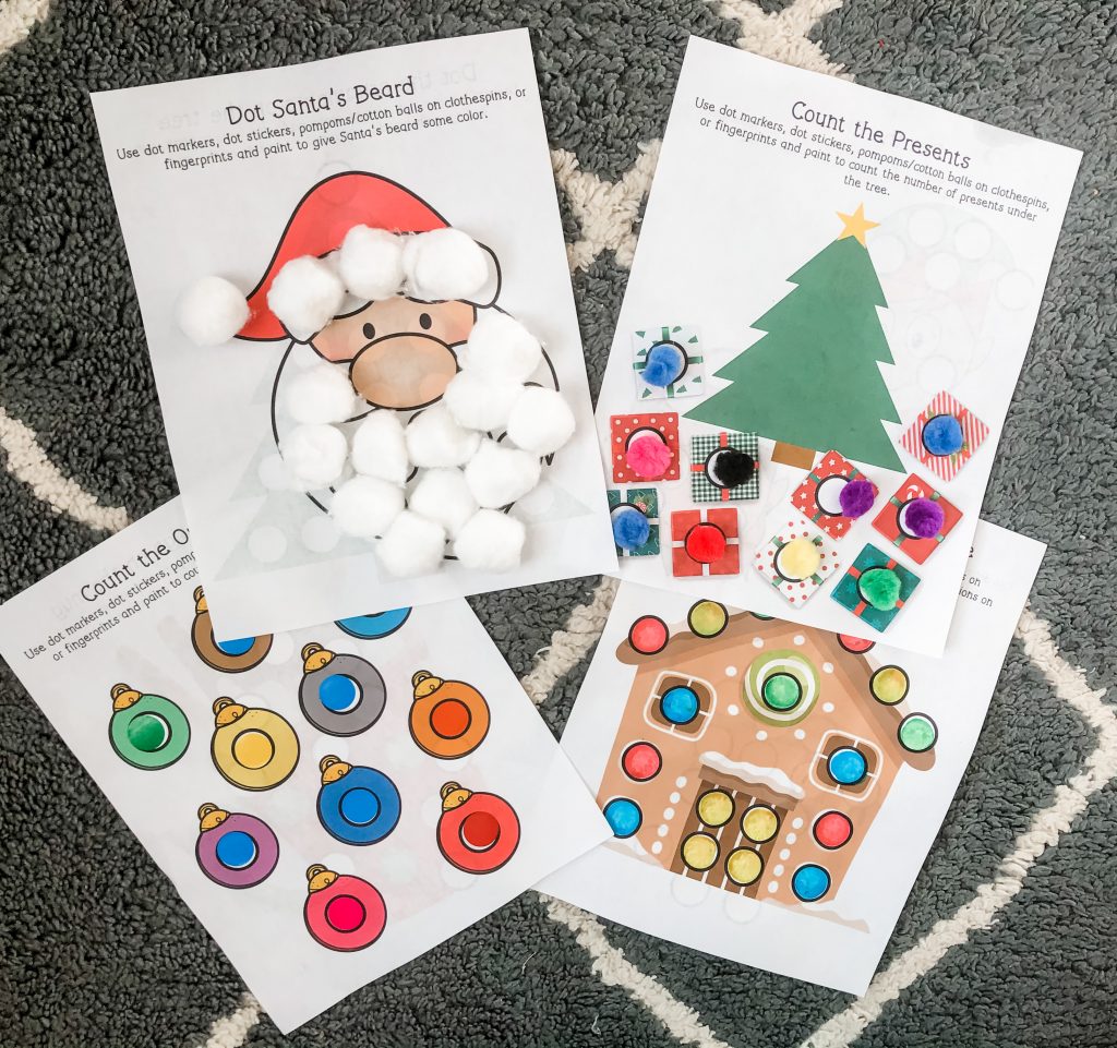 Use these free printable Christmas dot activity pages to practice fine motor and visual motor skills with your toddler or preschooler.