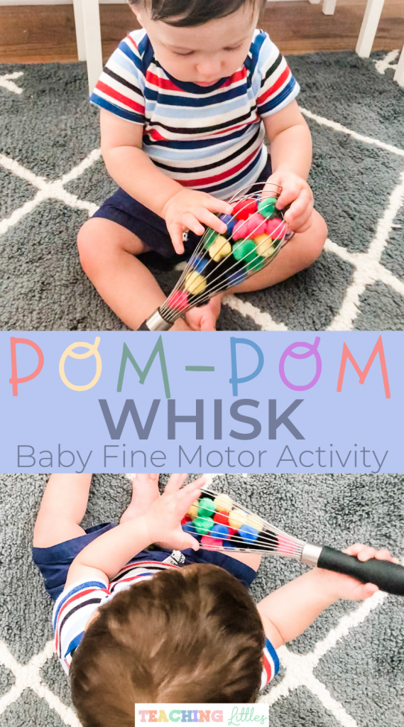 This pompom whisk baby activity works on fine motor skills and learning. Using colored poms is a great fine motor activity for infants 9 months or older.