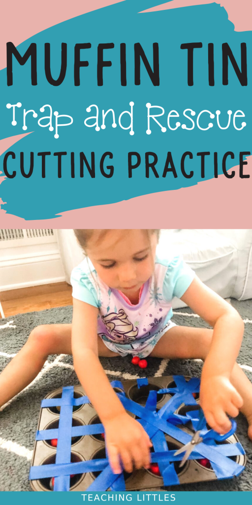Teach your preschooler cutting skills & scissor practice with this fun fine motor activity using counting bears, painters tape, & a muffin tin